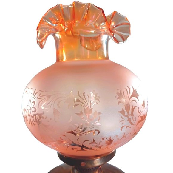 Antique Fenton Hurricane Oil Lamp Conv. Electric Iridescent Amber Shades Vintage - Picture 7 of 14
